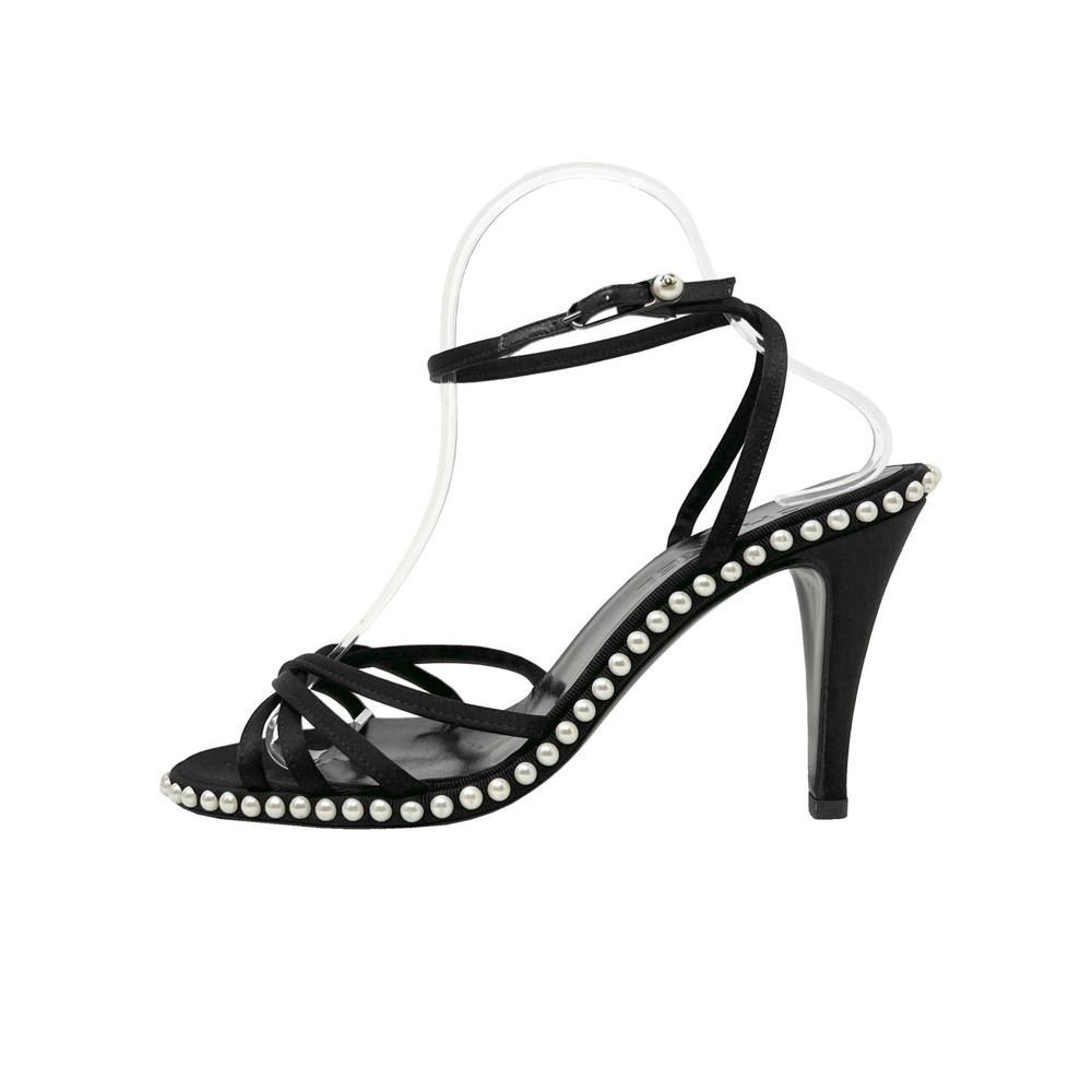 Chanel 2004 Vintage Heels‎ Black Satin Pearl 38.5 Y2K Karl Lagerfeld